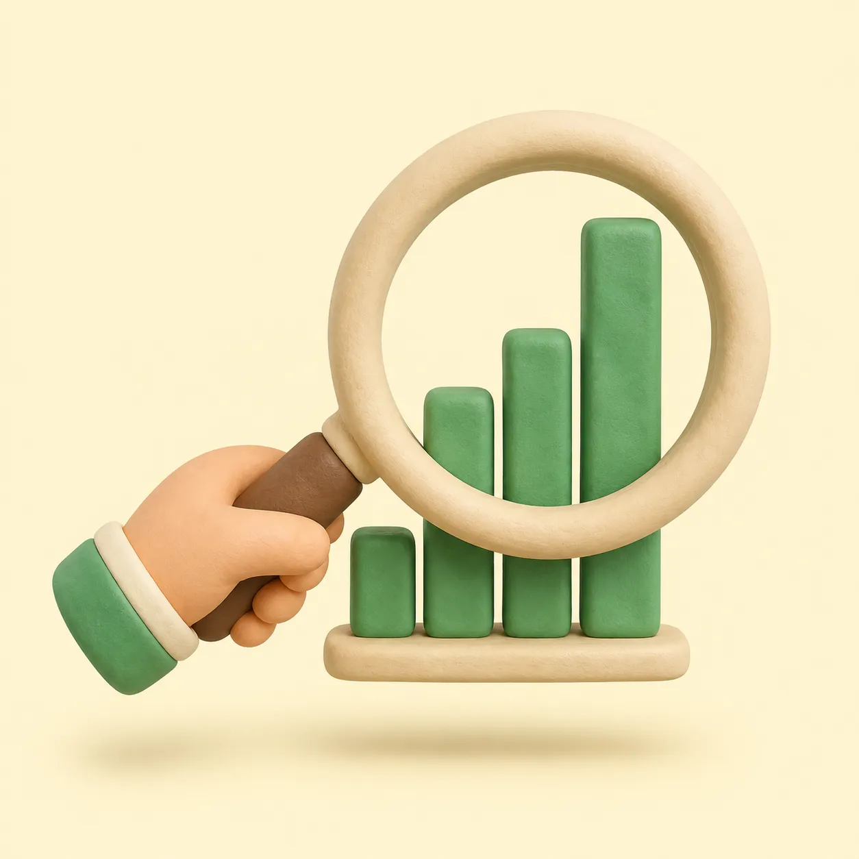 Clay magnifying glass over a rising chart